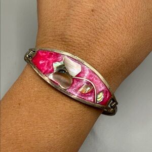 Vintage Alpaca Mexico Silver Tone Pink Abalone Floral Flower Bangle Bracelet
